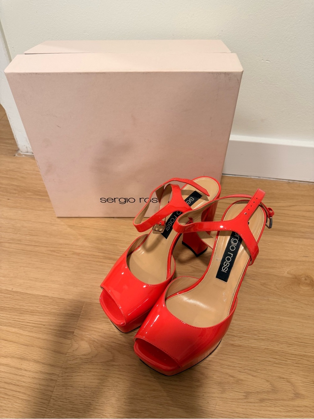 Sergio Rossi Orange-Red Patent Leather Platform Sandals